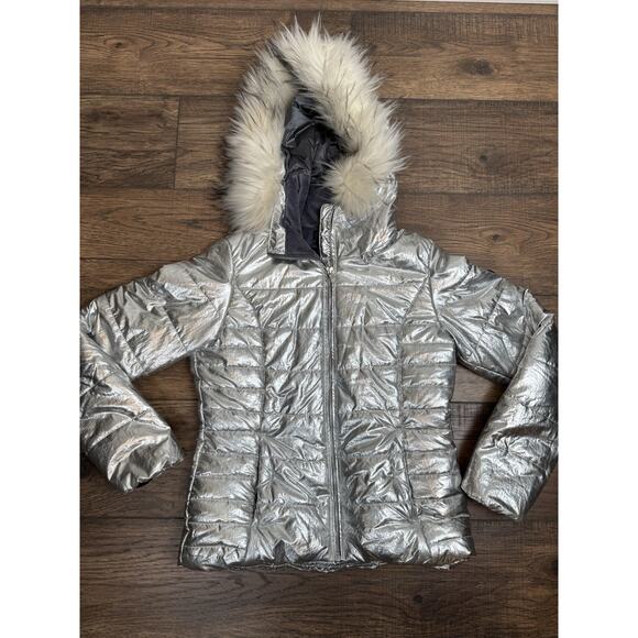 Obermeyer Bombshell Ski Jacket Metallic Silver Coat Hooded Fur Trim Women’s 4 - Picture 1 of 11